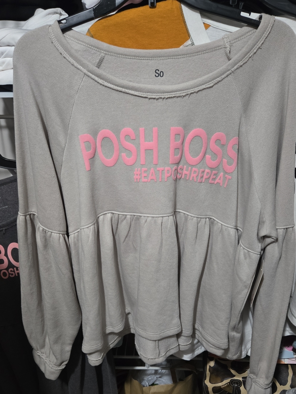 NWT POSH BOSS Long Sleeve Peplum Top by SO Light gray charcoal oversized